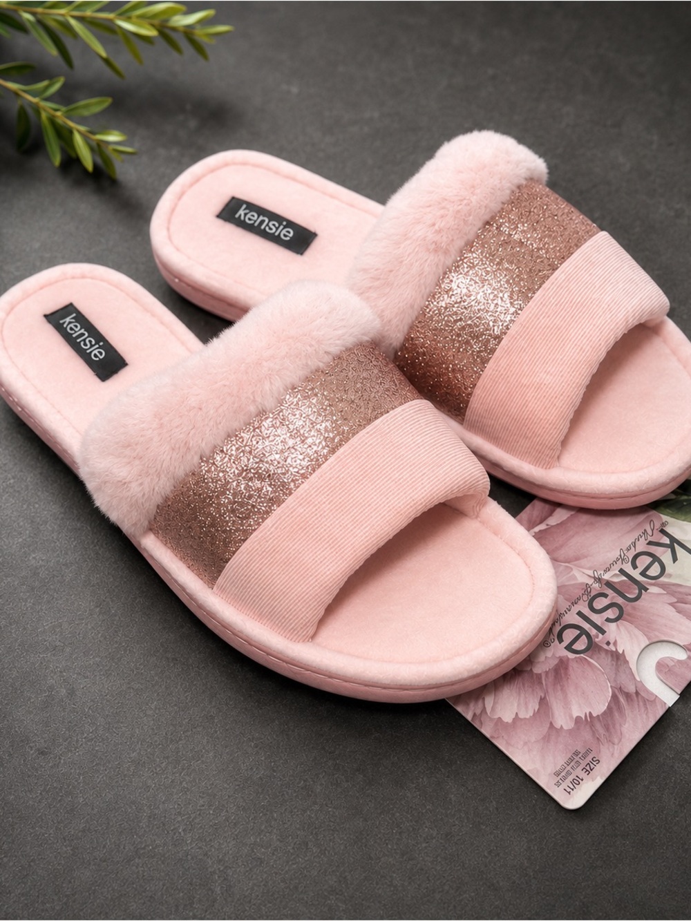 kensie Pink Faux-Fur Slide Slippers with Metallic Band